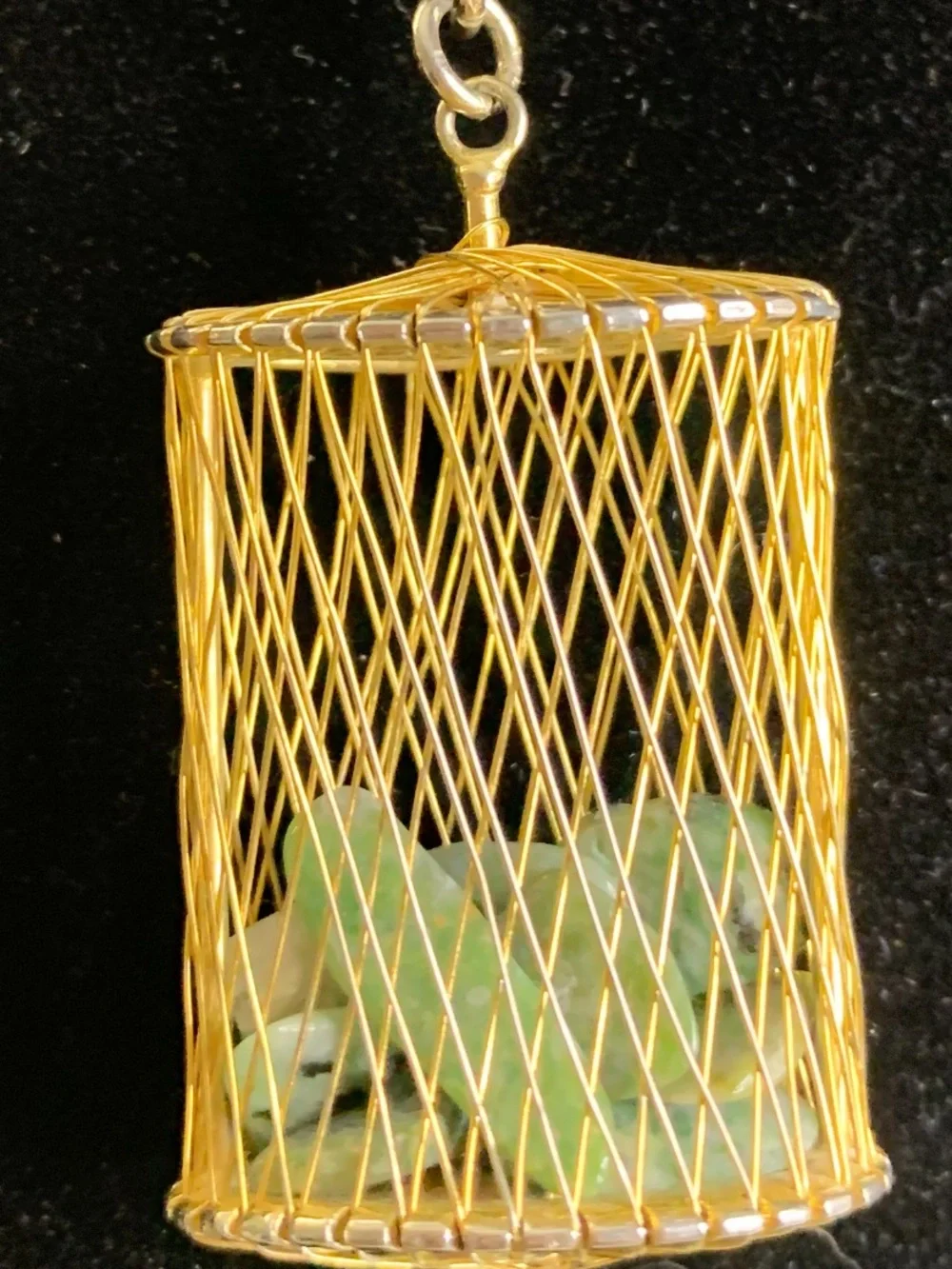 Gold Filled Mesh Wire Cage Pendant and Necklace with Green Jade Stones